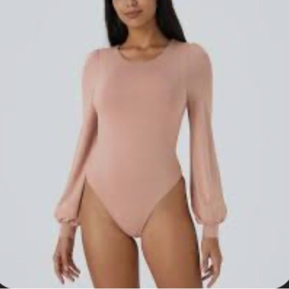 Halara V Neck Long Sleeve Button Work Bodysuit Sz Large Womens Pink